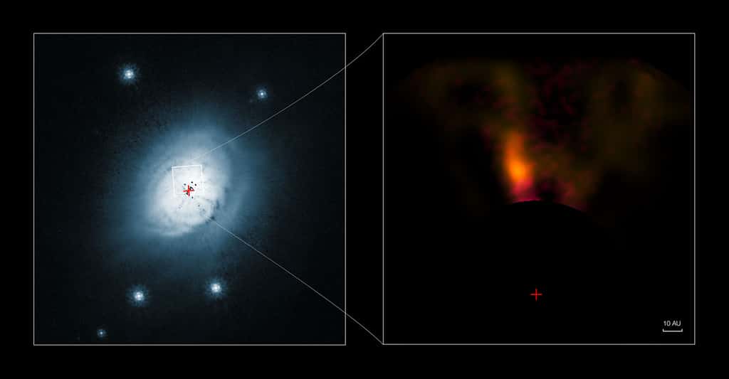 Cette image composée montre une vue du gaz et de la poussière autour de la jeune étoile HD 100546 prise par le télescope spatial Hubble (Nasa et Esa, à gauche) et par le système Naco du VLT de l'ESO (à droite). L'image en lumière visible de Hubble montre le disque de gaz et de poussière qui entoure l'étoile. La nouvelle image infrarouge du VLT d'une petite partie du disque montre une candidate protoplanète. Les deux images ont été prises avec un coronographe spécial qui supprime la lumière de l'étoile brillante. La position de l'étoile est indiquée par une croix rouge sur les deux visuels. © ESO, Nasa, Esa, Ardila <em>et al.</em>