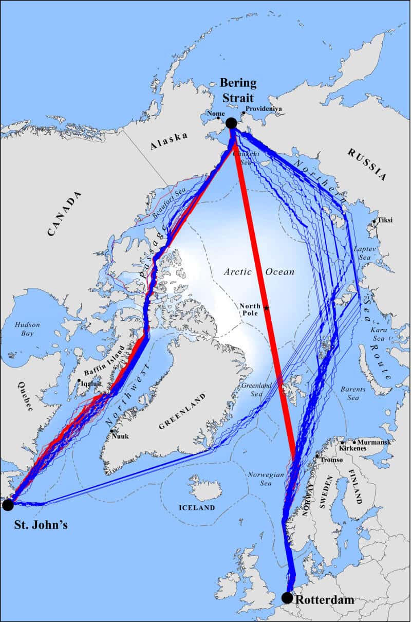 Projection des routes maritimes simulées pour les années 2040 à 2059. Les tracés rouges sont les projections des trajets les plus courts que pourront emprunter les brise-glaces les plus communs, du type <em>Polar Class 6. </em>Les tracés bleus indiquent les trajets qui seront les plus rapides pour les bateaux non équipés pour affronter la glace. © Laurence Smith et Scott Stephenson, <em>Pnas</em>, 2013