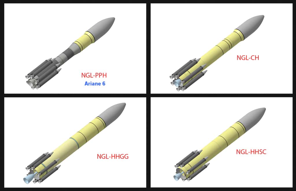 Les quatre concepts de lanceur de nouvelle génération à l'étude avant que l'Esa choisisse le concept PPH (en haut à gauche), qui deviendra Ariane 6 en 2021. © Astrium