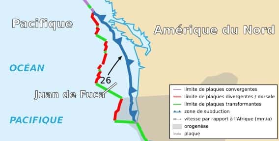 La plaque Juan de Fuca est l'une des plus étudiées au monde. Au niveau de la dorsale (en rouge), cette plaque est en contact avec la plaque Pacifique. Elle plonge au niveaux de la fosse des Cascades,  c'est la zone de subduction (en bleu). © Sting and Rémih, cc by sa 2.5, Wikipédia