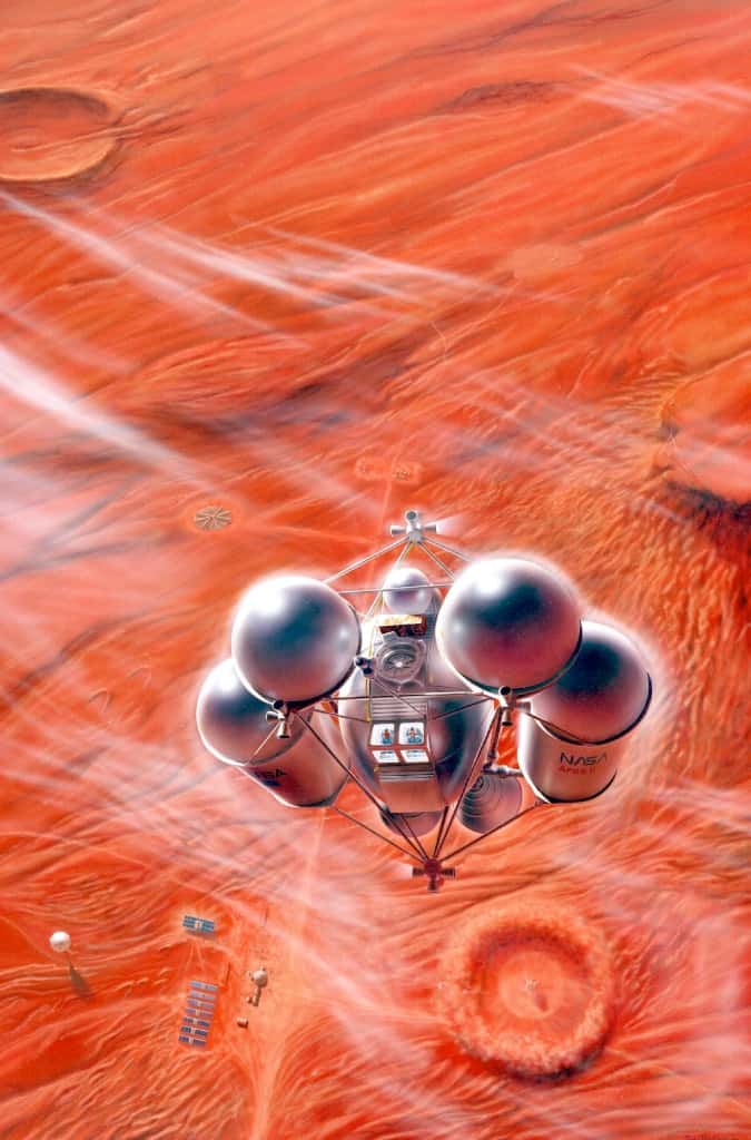 Vue d'artiste d'un engin spatial habité en phase finale d'atterrissage sur Mars. © Pat Rawlings, Nasa, SAIC, 1995