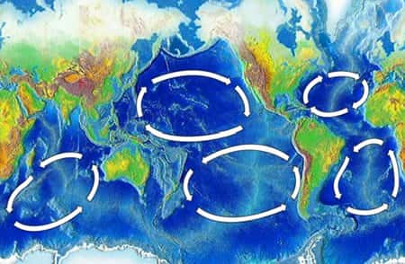 Les cinq principaux gyres dans le monde. Ce sont des tourbillons océaniques de grande échelle qui résultent de l'équilibre entre la force de pression et la force de Coriolis. Il s’agit de zones de convergence. © NOAA