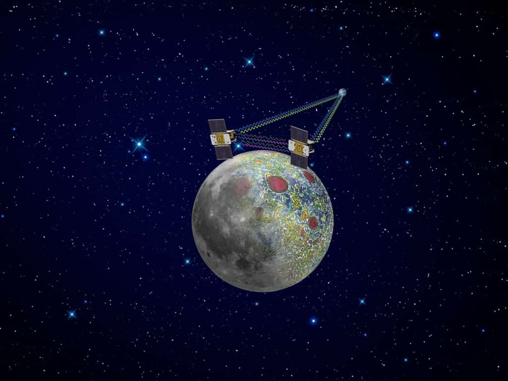 La mission Grail, constituée de deux petits satellites de 200 kg chacun, a cartographié la densité du sous-sol lunaire pendant l'année 2012. © Nasa, JPL, Caltech
