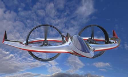 Vue d'artiste du Project Zero en mode avion. Les deux rotors sont disposés verticalement et tractent l'appareil comme les hélices d'un avion. Les ailes, mais aussi le fuselage et les carénages des rotors, assurent toute la portance lorsque la vitesse est élevée. L'allure futuriste est due à Stile Bertone, plus connu dans le monde de l'automobile. © AgustaWestland