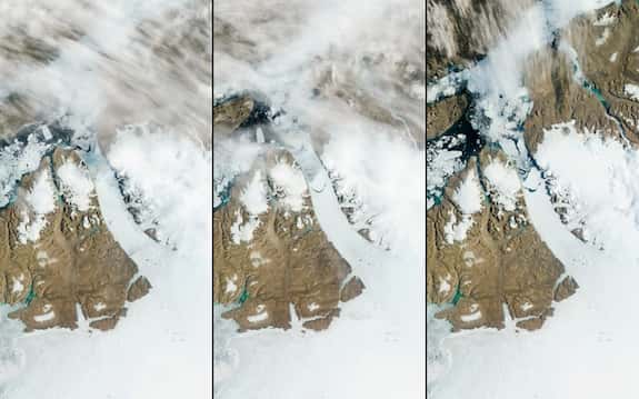 Le <a title="En images : un immense iceberg se sépare du Groenland" target="_blank" href="//www.futura-sciences.com/fr/news/t/climatologie-1/d/en-images-un-immense-iceberg-se-separe-du-groenland_24721/">glacier Petermann</a> est un glacier côtier du Groenland, dont la langue s'étale sur la mer au nord-ouest de l'île. Sur les photos satellite, on peut observer à gauche et au centre la langue du glacier le 16 juillet 2012, juste avant un vêlage majeur. À droite, le même glacier le 17 juillet 2012, après la gigantesque chute d'icebergs. © Nasa