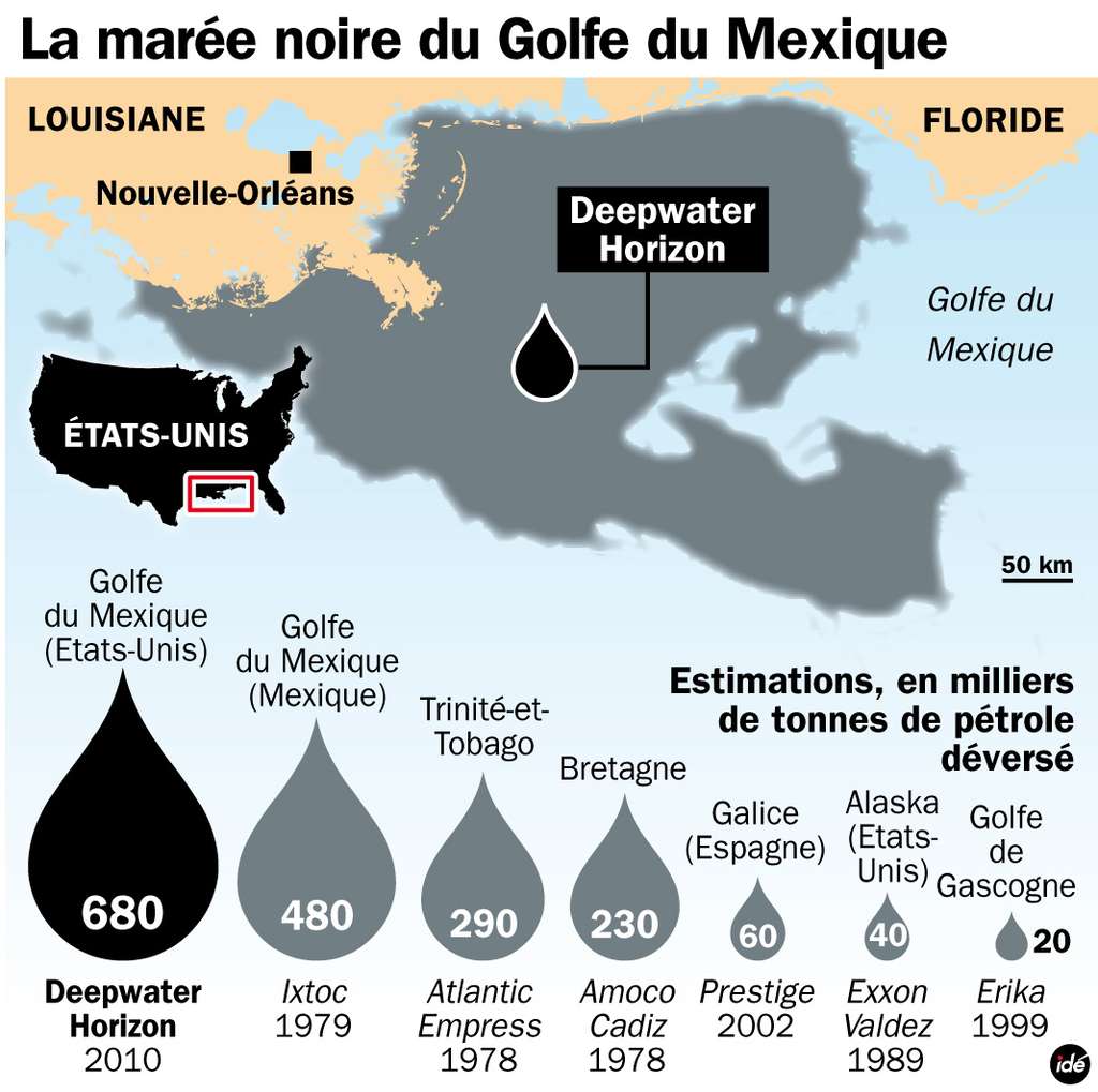 L'explosion de la plateforme <em>Deepwater Horizon</em> a engendré la plus importante marée noire de ces 40 dernières années. Plus de 600.000 tonnes de pétrole brut ont été déversées dans le golfe du Mexique. © Idé