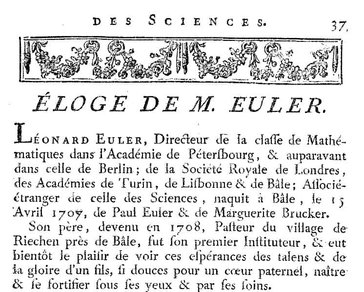Le début de l'éloge prononcé devant l'Académie des sciences de Paris par le marquis de Condorcet après la mort d'Euler, survenue le 18 septembre 1783. © Académie des sciences