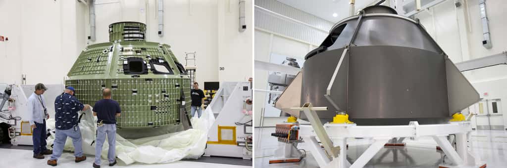 Afin de s’assurer que les outils développés et les procédures mises en place pour la construction de la capsule Orion sont bien adaptés, la Nasa et Lockheed Martin l’ont réalisée en maquette grandeur nature lors de l’été 2010 (à droite). © Nasa, Kim Shiflett, Troy Cryder