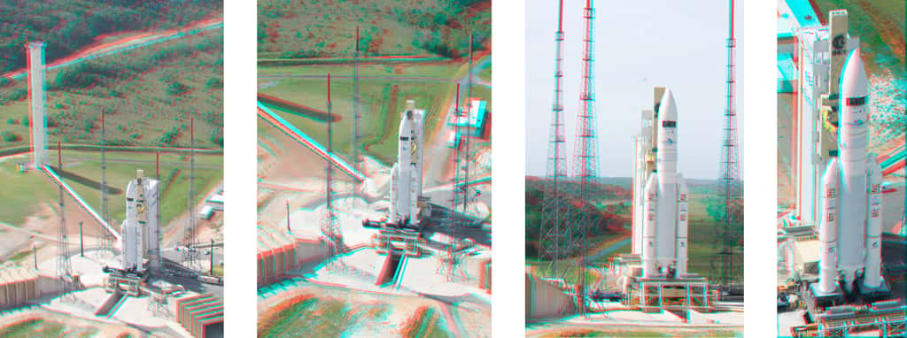 Vue en 3D (en vous munissant d’une paire de lunettes à filtres bleu et rouge) du lanceur Ariane 5 avec les satellites Planck et Herschel (V188) prêt au décollage, en mai 2009. © S. Corvaja, Rémy Decourt, Esa