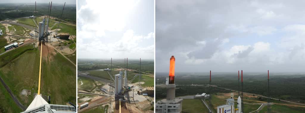 La zone de lancement d'Ariane 5 vue depuis le sommet du château d'eau, à 90 mètres de hauteur. Les quatre grands paratonnerres sont bien visibles. © S. Corvaja, Esa