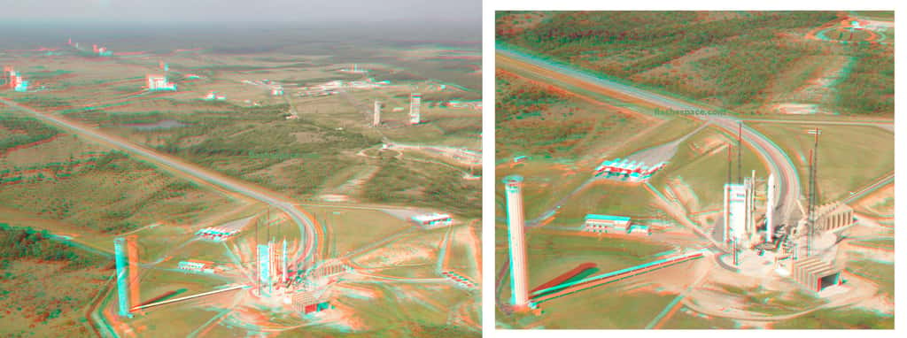 Vue aérienne et en 3D (à regarder avec une paire de lunettes à filtres bleu et rouge) des installations du site et de la zone de lancement d'Ariane 5 (ELA-3). © S. Corvaja, Rémy Decourt, Esa