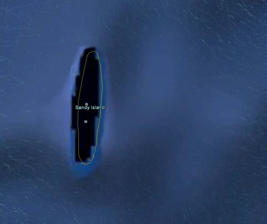 Sandy Island, vue par Google Earth. Comme l'île n'existe pas, il n'y a pas de photo satellite. On observe seulement le masque en noir et les lignes de contour des côtes. © Google Earth