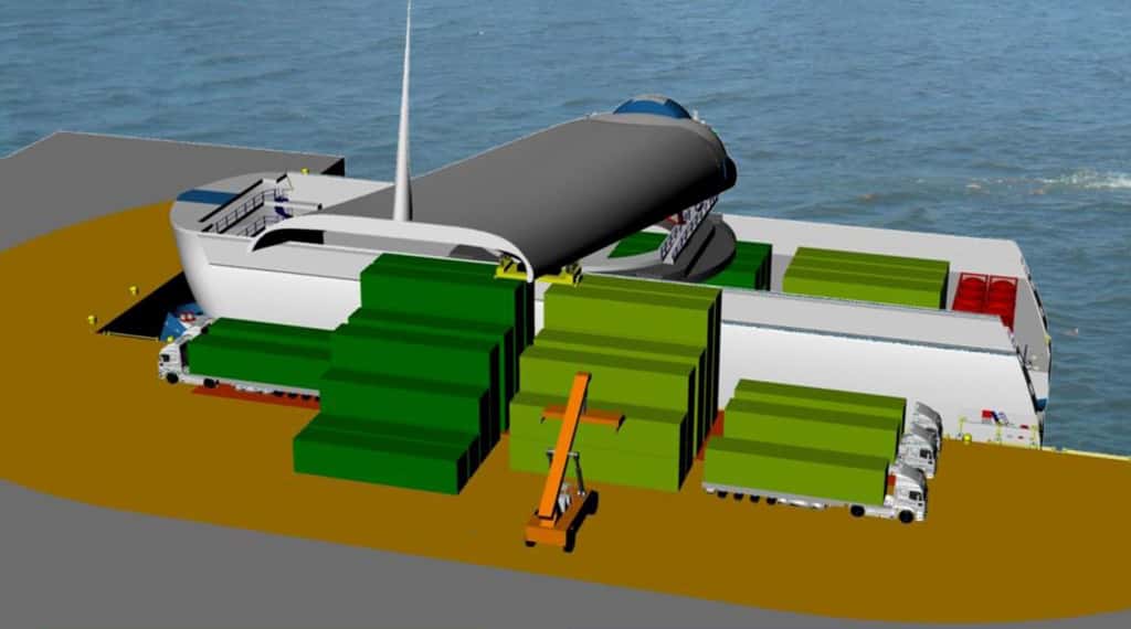 La « voile solaire » multifonction du Cargoxpress peut se transformer en grue, dont le rayon d'action autour du navire est indiqué sur ce dessin par la coloration du quai. © Cargoxpress.eu