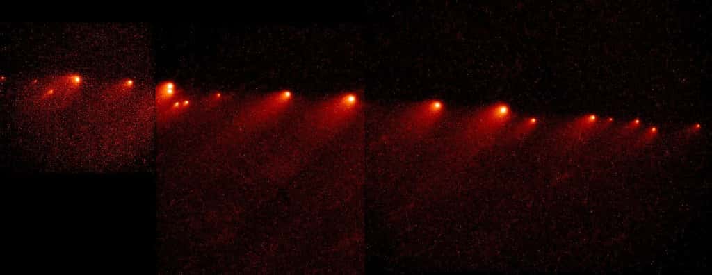 En 1993, les astronomes découvrirent une succession de morceaux de comète. Ils provenaient de la dislocation, un an plus tôt, de la comète Shoemaker-Levy 9 lors de son passage le plus rapproché de Jupiter. En juillet 1994 ces fragments plongèrent dans l'atmosphère de la planète gazeuse géante. © H. Weaver (JHU), T. Smith, Nasa