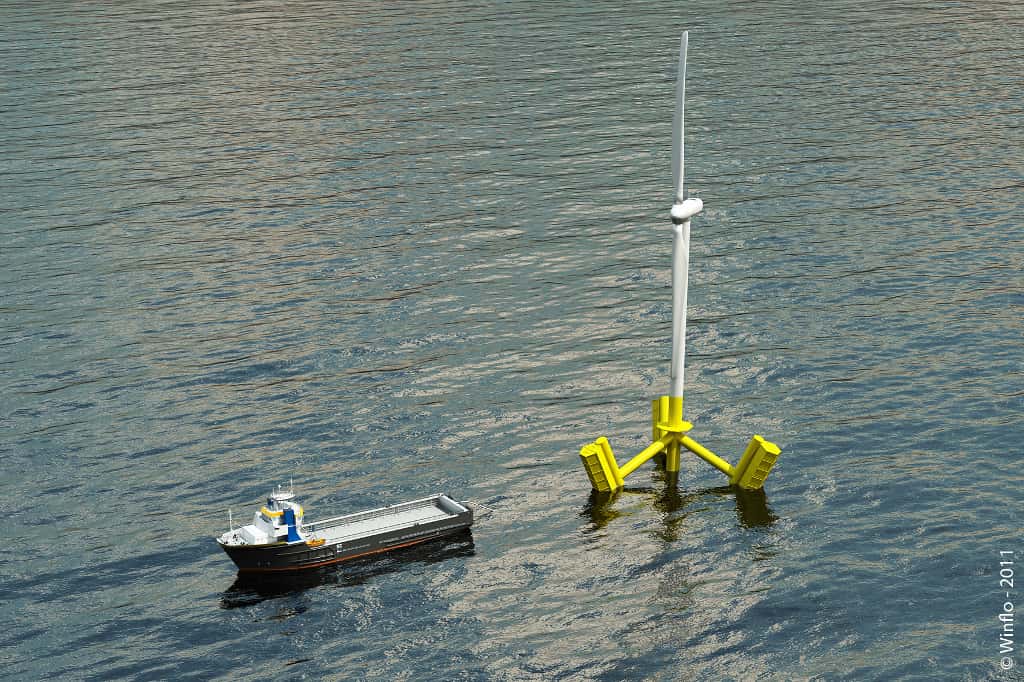 En cas de souci technique majeur, il pourrait être plus facile de ramener une éolienne Winflo dans un port, plutôt que d'envoyer des Hommes et du matériel la réparer sur place. © Winflo, 2011