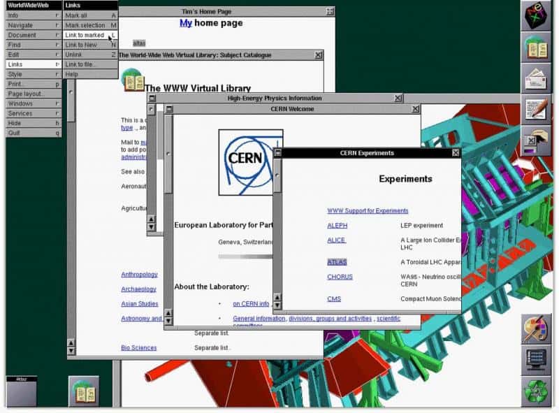 L'écran du premier navigateur Web sur une station de travail Next en 1993. © Cern