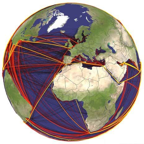 Les risques de bio-invasion liés au trafic maritime mondial. Plus les lignes reliant deux ports sont claires et épaisses, plus les risques sont importants. © Université de Bristol