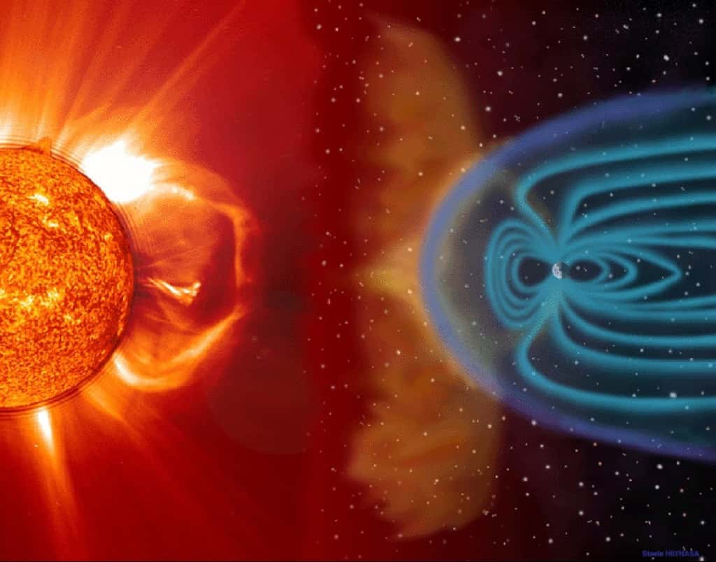 Cette vue d'artiste illustre les connexions entre le Soleil et la Terre, à la suite d’une violente éjection de masse coronale (bulle de plasma produite dans la couronne solaire). Des particules solaires chargées sont transportées par le vent solaire avant de s’engouffrer dans les lignes du champ magnétique de la Terre, et entrent en collision avec des atomes de la haute atmosphère. © Soho, Esa, Nasa