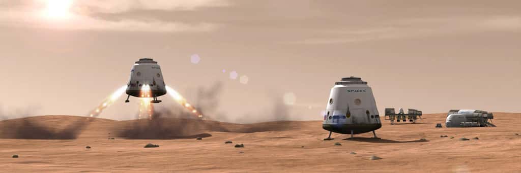 Vue d’artiste de sondes spatiales Red Dragon (à l’atterrissage et au sol), des versions modifiées de la capsule Dragon de SpaceX, qui veut envoyer une colonie de plusieurs milliers de personnes sur Mars. © SpaceX