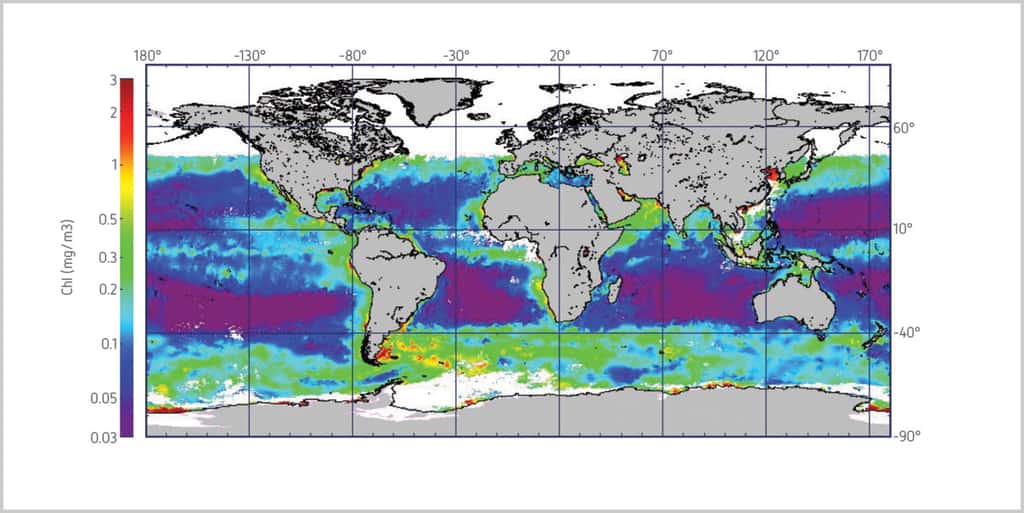 Carte globale de la concentration en chlorophylle dans les océans, obtenue à partir de données fournies par l'instrument Meris (spectromètre imageur à moyenne résolution) à bord d'Envisat, en décembre 2011. © Esa