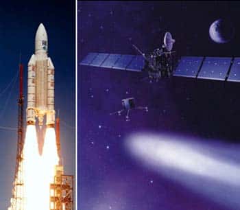 La mission Rosetta se compose d'un orbiter et d'un lander. Elle sera lancée en 2003, au moyen d'une fusée Ariane 5, en direction de la comète Wirtanen qu'elle devrait rejoindre en novembre 2011 avant d'y déposer, en août 2012, un petit lander.<br />crédits : Ariane 5 (ESA/CNES/Arianespace) / Rosetta (Image d'artiste, ESA) / Montage : Futura-Sciences.com