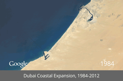 Cliché du développement du littoral côtier de Dubaï entre 1984 et 2012. Cette ville des Émirats arabes unis souhaite construire 300 îles artificielles. © Google