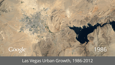 Croissance de la ville de Las Vegas entre 1986 et 2012, telle qu’observée par les satellites du programme Landsat. © Google