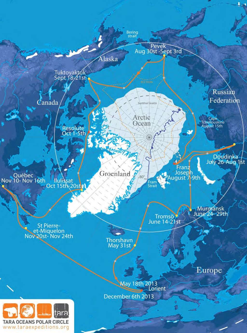 Itinéraire que suivra <em>Tara Oceans Polar Circle 2013</em> entre mai et décembre 2013. Les étoiles grises indiquent les positions prévues des stations de prélèvement. © Tara Expéditions