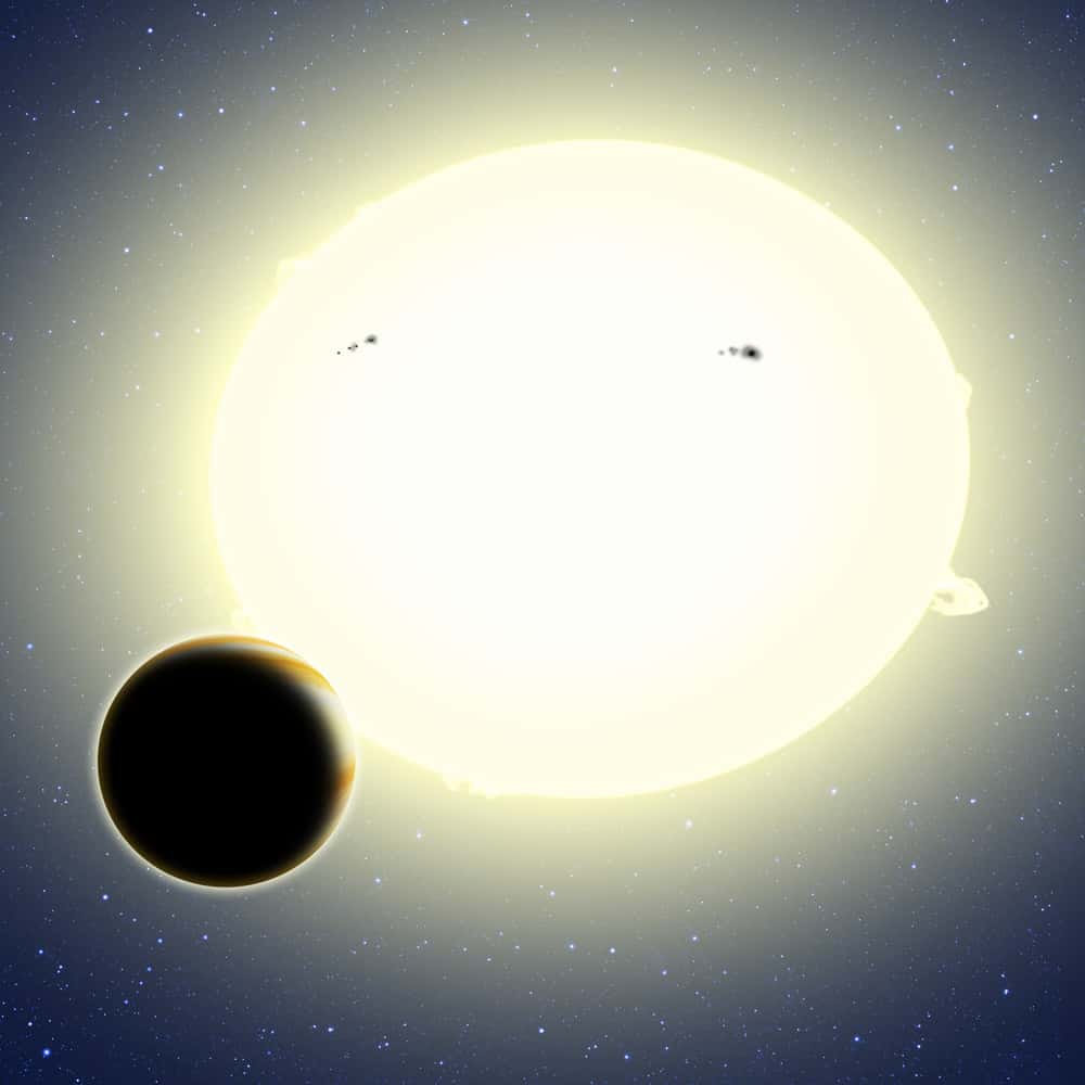 Vue d'artiste de Kepler-76b, une géante gazeuse en orbite autour d'une étoile à 2.000 années-lumière du Soleil. Sa présence modifie de façon caractéristique la luminosité de son étoile même lorsqu'elle ne l'éclipse pas, ce qui permet sa détection par photométrie. © David Aguilar