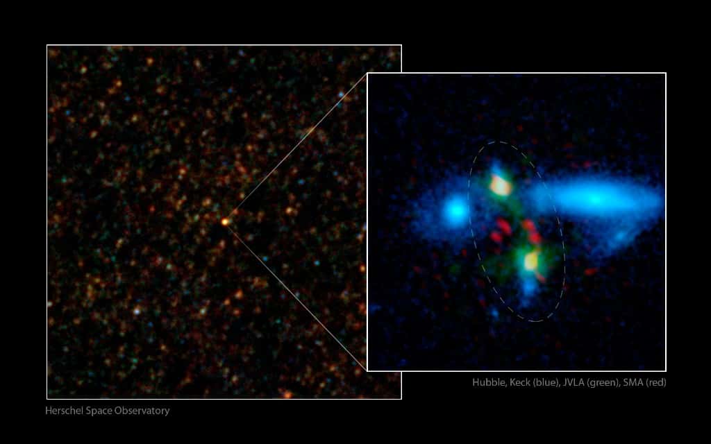 Plusieurs télescopes ont été associés afin de découvrir une fusion très rare de deux galaxies spirales massives, qui a eu lieu lorsque l'univers avait seulement trois milliards d'années. Le télescope spatial Herschel de l'Esa a d'abord repéré l’objet appelé HXMM01 dans l’infrarouge, comme le montre l’image de gauche. Sur le zoom de l'image (à droite), on voit la combinaison de plusieurs observations à différentes longueurs d’onde (voir les explications dans le texte ci-dessous). © Nasa, Esa