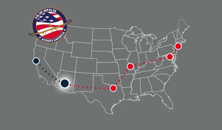 Itinéraire prévu pour la traversée des États-Unis par l'avion solaire <em>Solar Impulse</em>. La première étape (en bleu et auréolée de blanc) a été réalisée entre le 3 et le 4 mai 2013. © <em>Solar Impulse</em>