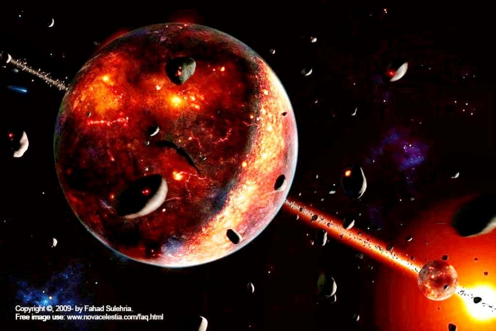 Une vue d'artiste de la formation de la Terre et de la Lune par accrétion. De même que de grands impacts ont certainement projeté des roches en dehors de la Terre, ils ont dû éjecter une partie de son atmosphère pendant l'Hadéen. © Fahad Sulehria