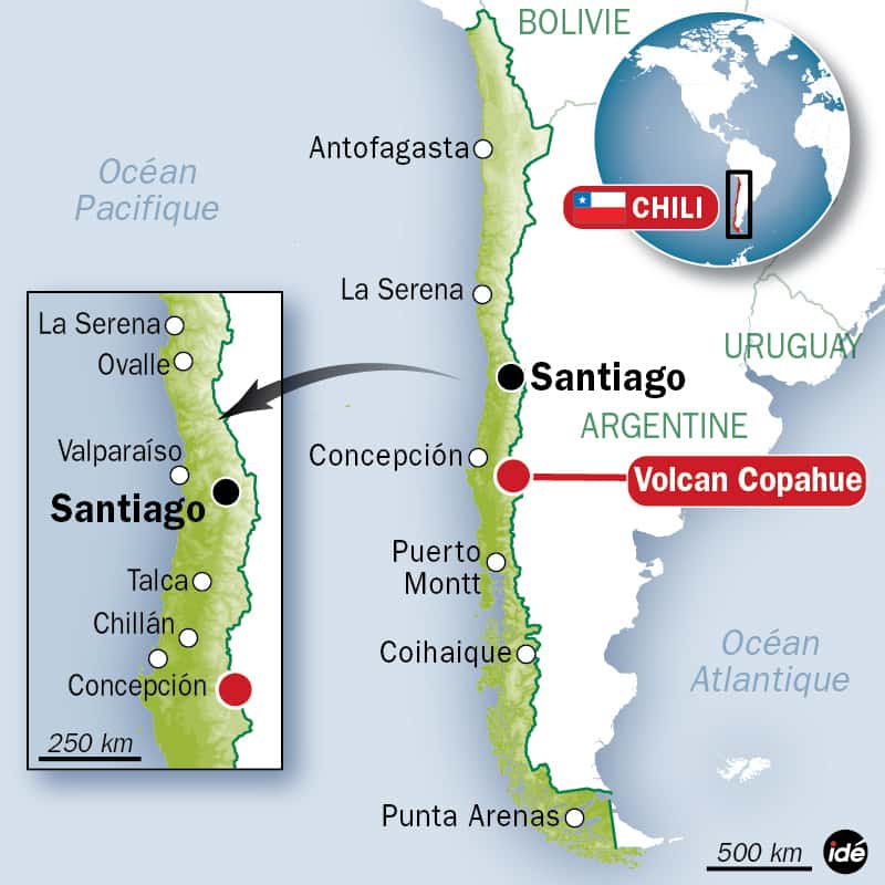 Le volcan Copahue se situe au sud de la ville de Concepción au Chili. Il est exactement à la frontière entre l'Argentine et le Chili. © Idé