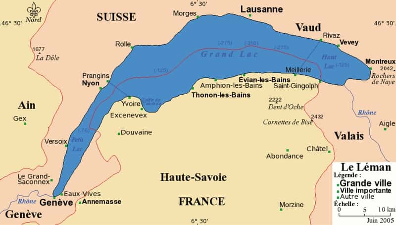 Le lac Léman est situé entre la France et la Suisse. D'une superficie de 581,3 km<sup>2</sup>, c'est le plus grand lac naturel d'Europe de l'Ouest. © Chumwa, GNU 1.2