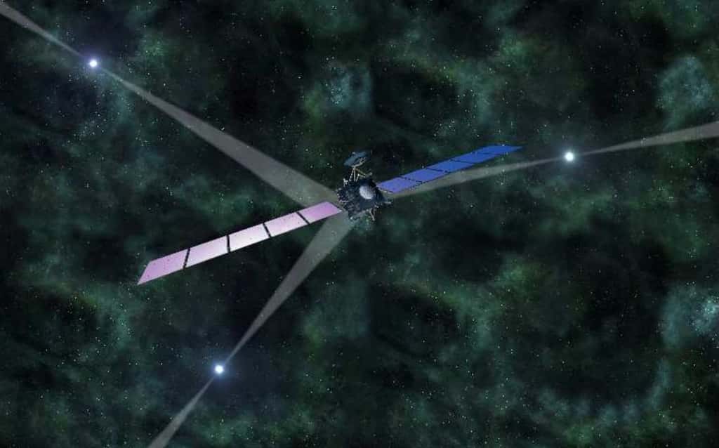 Une vue d'artiste d'une sonde du type de Rosetta, qui serait équipée d'un GPS interplanétaire utilisant des pulsars. La méthode étant celle de la triangulation, il faudrait trois pulsars dont les faisceaux d'ondes balayeraient l'espace tels des phares, comme sur cette image. © Esa