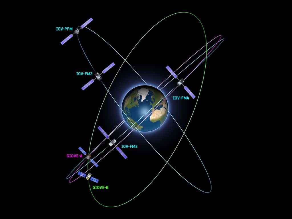 Les six satellites Galileo actuellement en orbite. Les prochains lancements sont prévus avant la fin de l'année 2013. Depuis le Centre spatial guyanais, deux lanceurs russes Soyouz mettront sur orbite, par paires, les satellites 5 à 8. © Esa, P. Carril