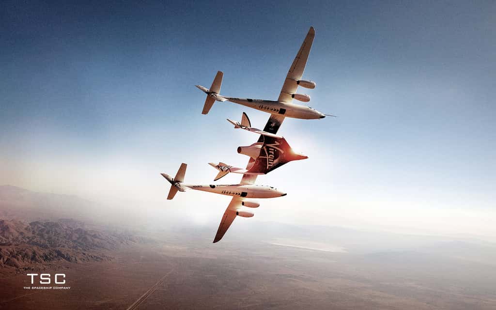 Le SpaceShipTwo sera lancé depuis le White Knight 2, un avion de 43 m d'envergure, l'emportant sous son fuselage, jusqu'à environ une vingtaine de kilomètres d'altitude d'où s'effectuera la séparation des deux engins. Le SpaceShipTwo utilisera alors son propre système de propulsion pour rejoindre l'espace. © Spaceship Company