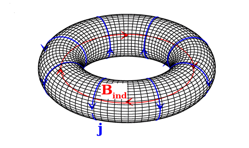 Un anapole magnétique peut être modélisé par un solénoïde fermé. Des courants « j » représentés en bleu sur ce schéma génèrent des champs magnétiques « B » (en rouge), confinés à l'intérieur du tore. Des anapoles ont été observés dans les noyaux césium 133 et ytterbium 174 ainsi qu'en physique du solide. © HoferAnderl, Wikipédia