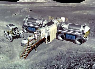  Prémice de base lunaire construite à partir de modules autonomes envoyés inhabités depuis la Terre 