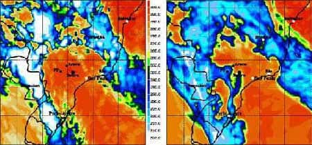 <br />Température de brillance (*) à 10,8 micron (bon indicateur de la convection profonde) le 31 janvier 2005 à 21h UTC. A gauche, observée par Meteosat-8 (Meteosat Second Generation-1), à droite simulée par le modèle Méso-NH. Les températures de brillances inférieures à 205°K (en blanc) indiquent des plafonds nuageux à des altitudes supérieures à 14 km. (*) Remarque : la télédétection ne mesure pas la température réelle d'un milieu, mais sa température de brillance, qui dépend de l'émissivité du milieu étudié.<br />&copy; Laboratoire d'Aérologie. TROCCINOX.