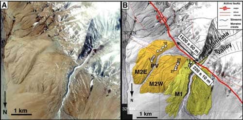 A gauche, image satellite Ikonos montrant les moraines abandonnées par le glacier Manikala au niveau de la faille du Karakorum. A droite, carte du décalage des moraines au niveau de la faille (ligne rouge). La moraine M1 est décalée de 220m environ par rapport à la vallée glaciaire, la M2 de 1520m.&copy; Chevalier et al.