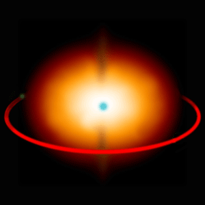 <br />Simulation numérique obtenue à partir du code SIMECA de l'étoile Be &#945; Ara. L'étoile centrale apparaît en bleu au centre de l'image, le disque est confiné par un compagnon de faible masse (1.4-2.8 masses solaires) situé à 32 rayons stellaires (orbite en rouge sur l'image). L'ensemble fait moins de 4 mas de diamètre angulaire sur le ciel