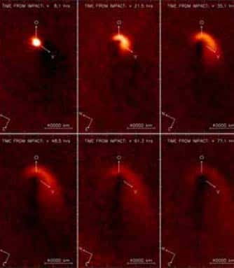 <br />Cette séquence d'images a été obtenue par la camera à haute résolution NAC/OSIRIS à bord de la sonde ROSETTA de l'ESA avec le filtre orange (650 +/- 85 nm). Elle montre l'évolution temporelle du nuage de poussière émis lors de l'impact de l'impacteur de la sonde DEEP IMPACT sur le noyau de la comète 9P/Tempel 1, le 4 juillet 2005. Une image pré-impact de la comète a été soustraite des images post-impact afin de visualiser plus facilement le nuage de poussières émis. Les grains de poussière sont progressivement injectés dans la queue de poussière de la comète après avoir quittés l'atmosphère de la comète..