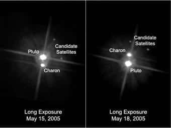 Clichés pris le 15 et 18 Mai 2005 par Hubble<br />On y aperçoit les deux nouvelles lunes potentielles de Pluton<br /> (Crédit : NASA)