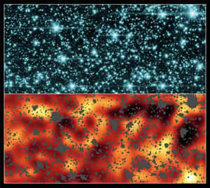 Image infrarouge à 3,6 microns de la constellation Draco<br />La partie inférieure de l'image est le résultat du gommage des autres sources de lumière infrarouge (en grisé)<br />Les lueurs persistantes pourraient provenir d'étoiles de Population III <br />(Crédit : NASA/GSFC/JPL-Caltech)