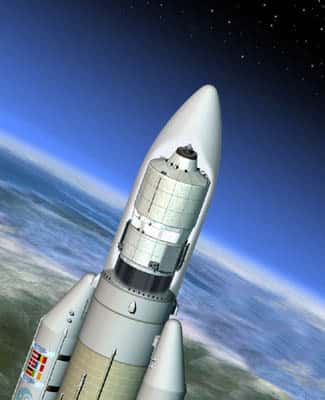 L'ATV intégré à la fusée Ariane 5 <br />(Crédit : ESA)