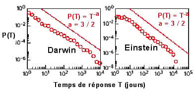 <br />Distributions des temps de réponse de Darwin et Einstein, respectivement. Ces distributions sont bien décrites par une loi de puissance d'exposant –3/2. Pour Darwin, la meilleure description est obtenue pour a=1.45 plus ou moins 0.1. Pour Einstein, la meilleure description est obtenue pour a=1.47 plus ou moins  0.1 <br />(images originales : Nature 437 1251, modifiées par Véronique Parasote). 