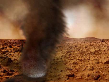 Les "dust devils", ces tourbillons de sable qui balayent la surface de Mars <br />Ils époussètent régulièrement les panneaux solaires de Spirit et Opportunity<br /> (Crédits : NASA/JPL)