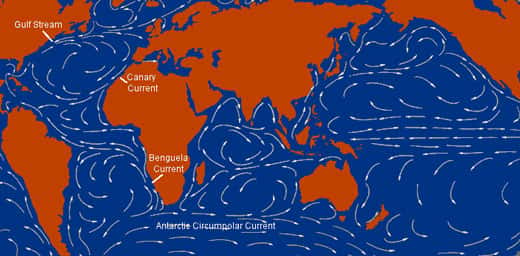 <br />Les courants entraînés par les vents, dont fait partie le Gulf Stream, sont horizontaux et se propagent dans les couches supérieures de l'océan (quelques centaines de mètres de profondeur au maximum).<br />&copy;  Rapid Change Climate, Natural environment research council 