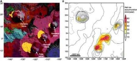 <br />Figure 1A : carte géologique de la région de Tharsis montrant l'endroit des dépôts (en jaune) situés sur les pentes nord-ouest de Tharsis Montes et d'Olympus Mons. Figure 1B : accumulation de la glace d'eau dans la région de Tharsis obtenue par le modèle numérique simulée avec une obliquité de 45°. <br />&copy; LMD/IPSL. CNRS. 